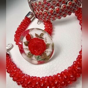 Rose Red & Silver Tone Lot Scarlet Crystal Cord, Hinge Cuff, Rose in Lucite Pin